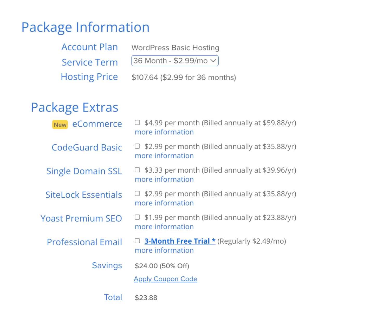 bluehost extras and packages